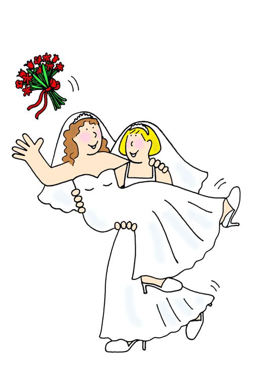 Two brides throwing the bouquet.