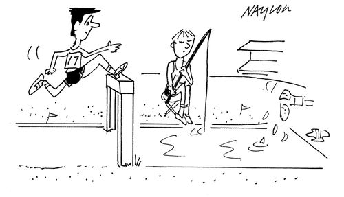 Athlete fishing in the steeplechase water.