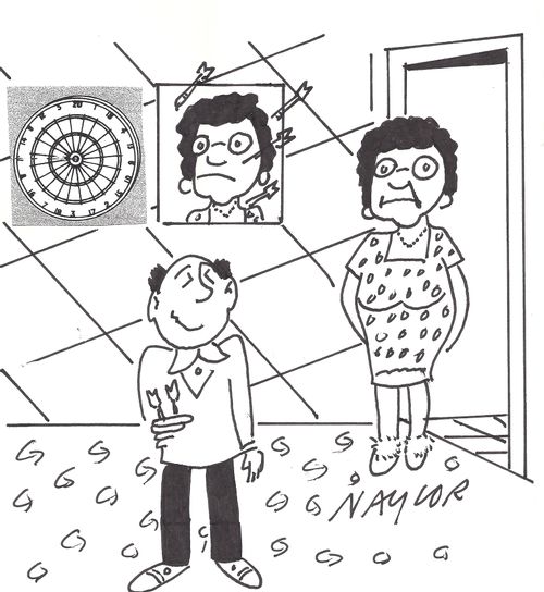 Wife catches her husband throwing darts at a picture of her.