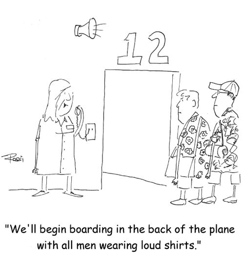 Men wearing loud shirts are the first loaded onto airplane.