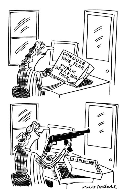 Office worker with 'Conquer you fear of public speaking' pack containing automatic weapon.