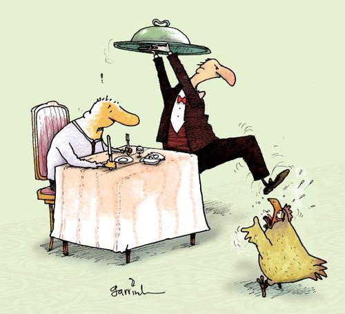 Waiter fights off chicken. 
