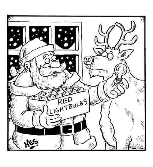 Rudolph's nose has light fitting for bulb. Santa picks out a red bulb.