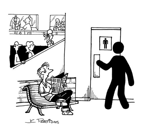 Man in a mall see a sign getting into the men washroom.