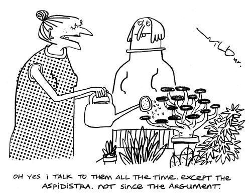 'Oh yes I talk to them all the time. Except the aspidistra. Not since the argument.'