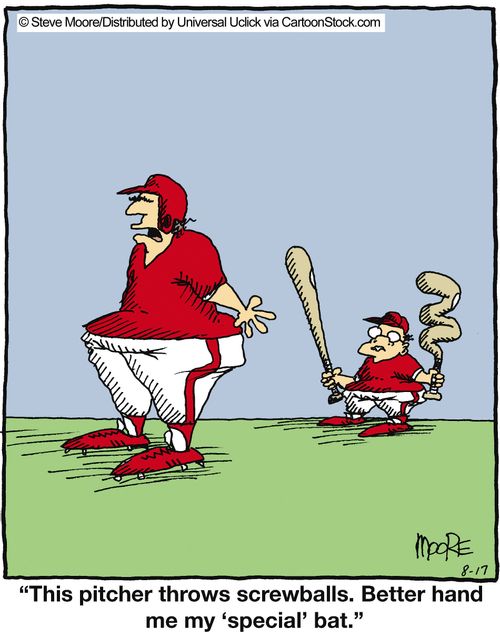 'This pitcher throws screwballs. Better hand me my 'special' bat.'