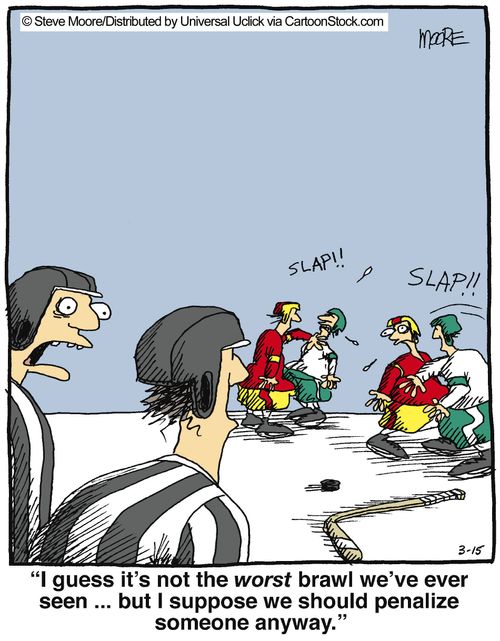 'I guess i's not the worst brawl we've ever seen... but I suppose we should penalize someone anyway.'