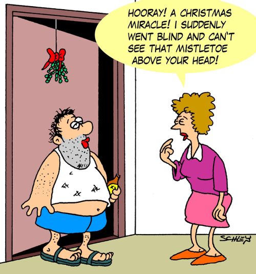 'Hooray! A Christmas miracle! I suddenly went blind an can't see that mistletoe above your head!'