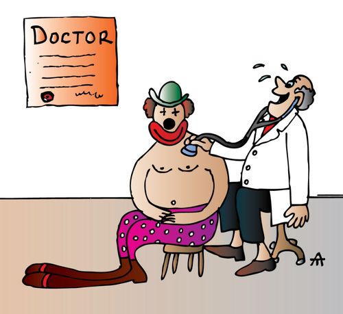 Clown makes the doctor laugh.