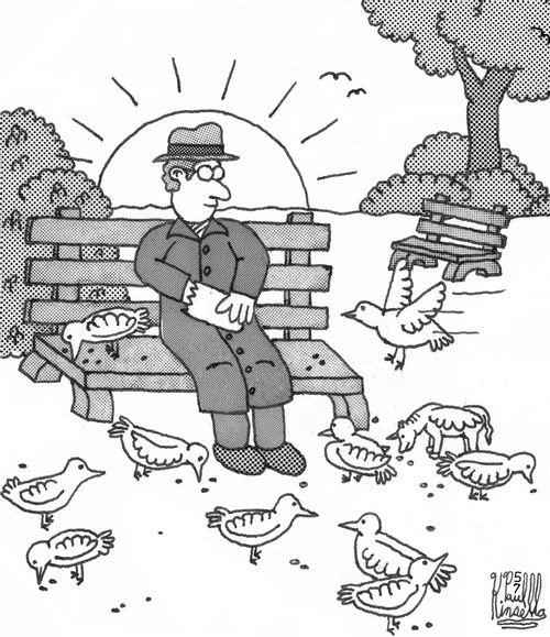 Man feeding 10 pigeons and a unicorned pegasus.