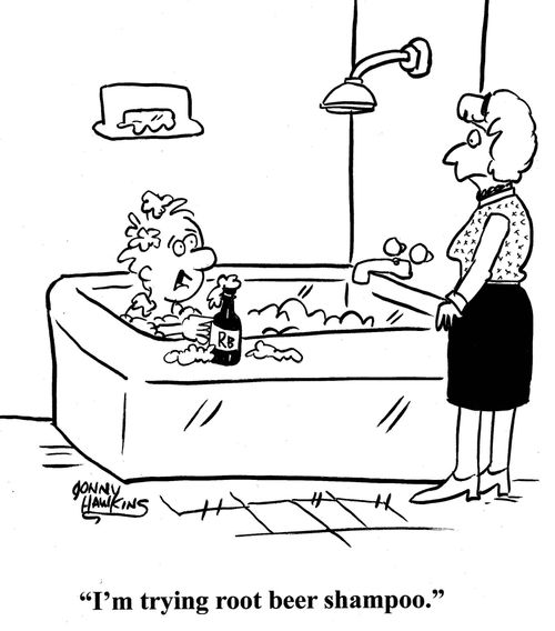 Kid in tub: 'I'm trying root beer shampoo.'