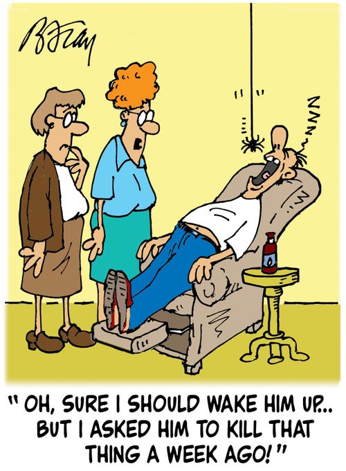 'Oh, sure, I should wake him up...but I asked him to kill that thing a week ago!'