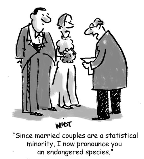 'Since married couples are a statistical minority, I now pronounce you an endangered species.'