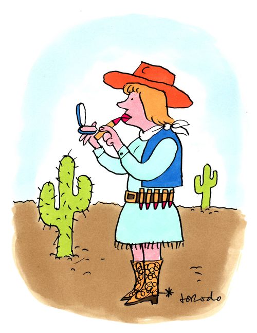 Cowgirl applying bullet shaped lipstick.