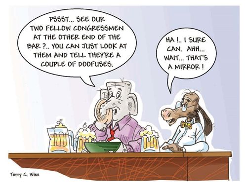 'Pssst. . . see our two fellow congressmen at the other end of the bar?. . . You can just look at them and tell they're a couple of doofuses.'