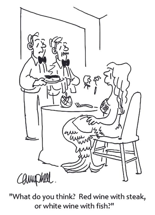 'What do you think? Red wine with steak, or white wine with fish?'