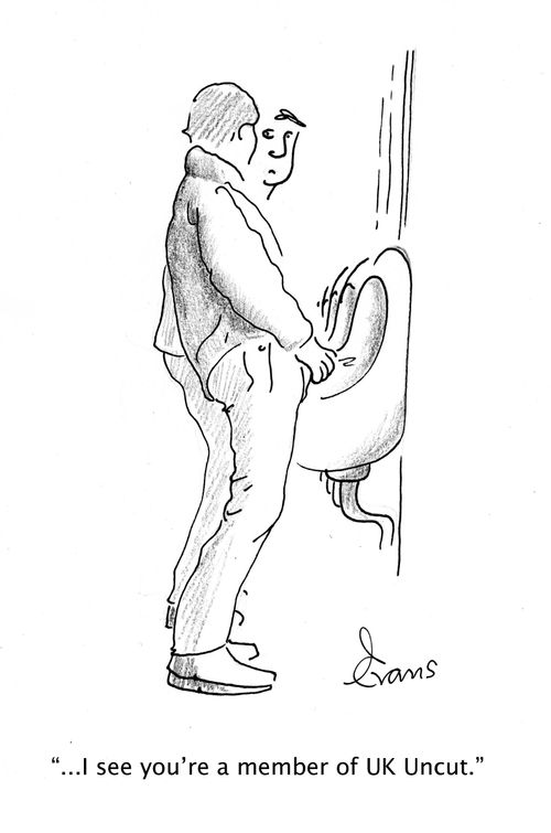'I see you're a member of UK Uncut.' Men in toilet.
