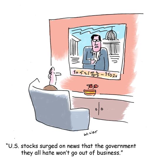 'U.S. stocks surged on news that the government they all hate won't go out of business.'