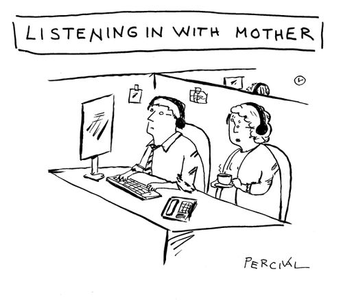 Man secretly listening in on a conversation with his mother sitting next to him.