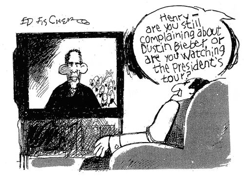 'Henry - are you still complaining about Justin Bieber, or are you watching the president's tour?'