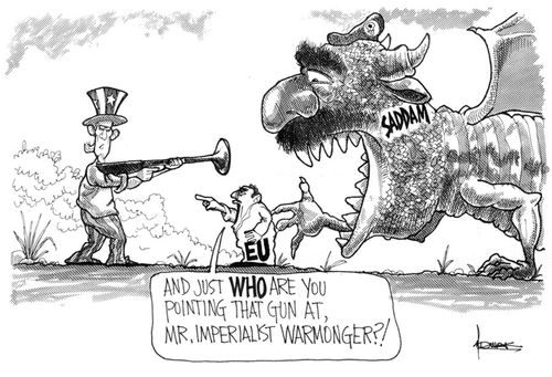 "And just who are you pointing that gun at, Mr. Imperialist Warmonger?!"