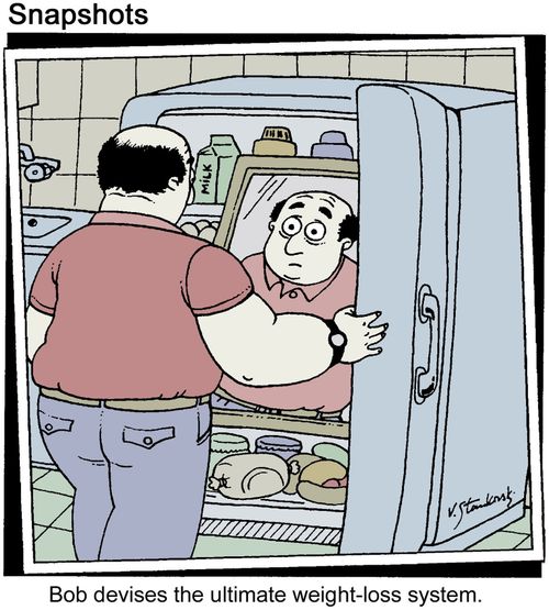 Mirror inside refrigerator. Caption: Bob devises the ultimate weight-loss system.