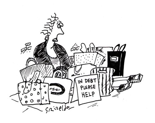 Woman begging surrounded by shopping bags - 'In Debt, Please help'