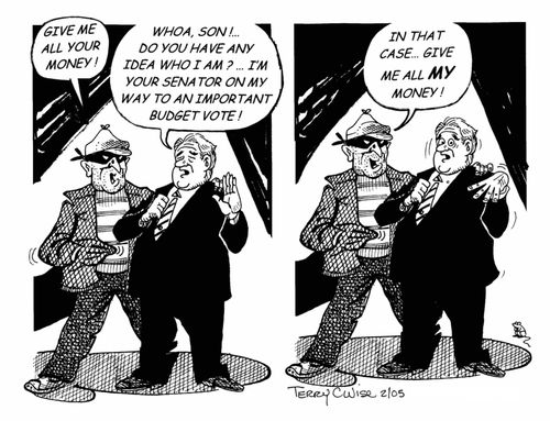 "Whoa, son!...do you have any idea who I am? ...I'm your senator on my way to important budget vote!"