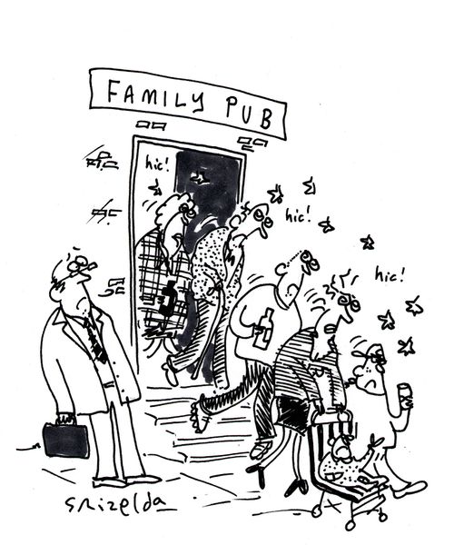 Family Pub - with Granddad, Granny, Parents, kids & baby all stumbling out drunkenly.