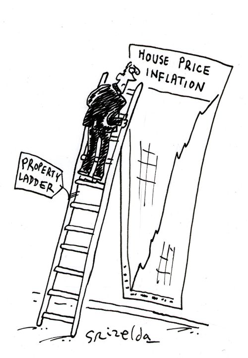 Man at top of ladder to read House price inflation chart. Ladder has label 'Property Ladder'