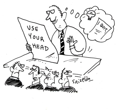 Teacher with 'Use Your Head'  leaflet thinking 'I Quit!'