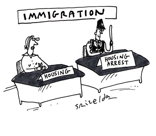 'Immigration - desks marked 'Housing' and 'Housing Arrest'.'