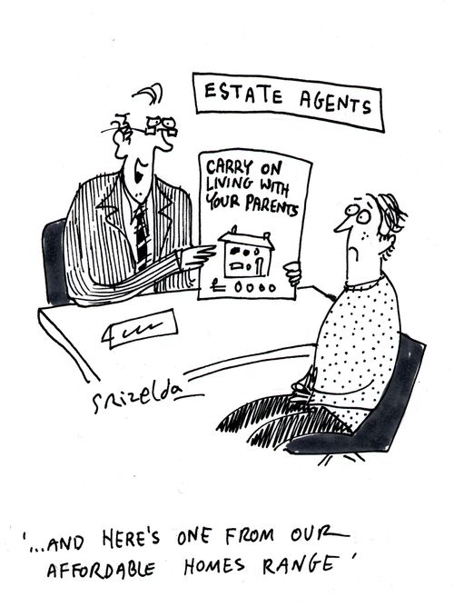 Estate Agent showing client his parents' house - '...and here's one from our affordable homes range'