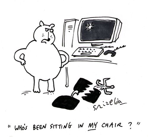 Smallest of the 3 bears stands by his broken computer chair - 'Who's been sitting in MY chair?'