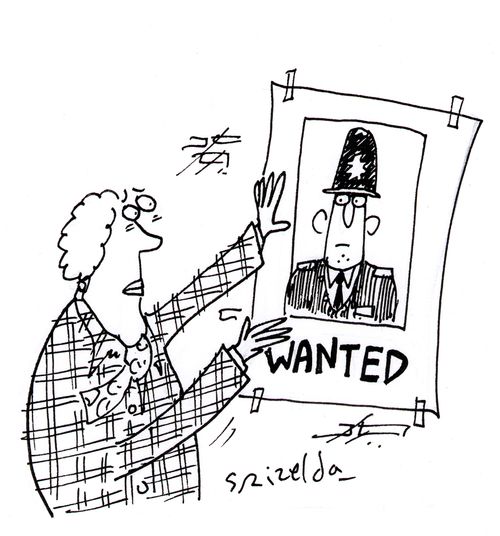 Woman putting up  'Wanted 'poster of policeman