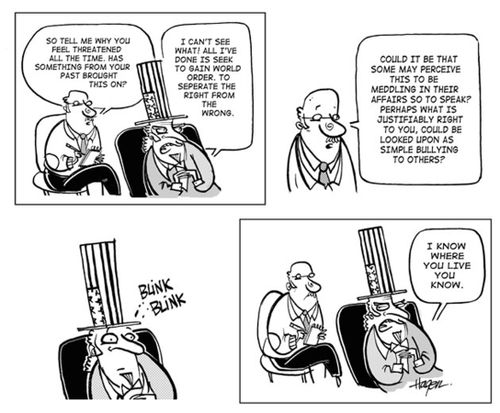 'So tell me why you feel threatened all the time'... 4 panel - Uncle Same in therapist office.