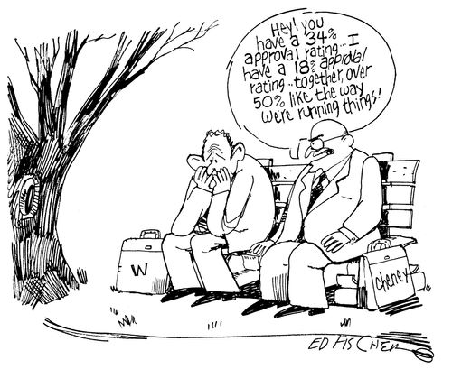 Bush & Cheney discuss their approval ratings.