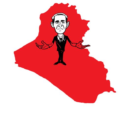 Bush covered in blood on a bloody puddle that is Iraq.