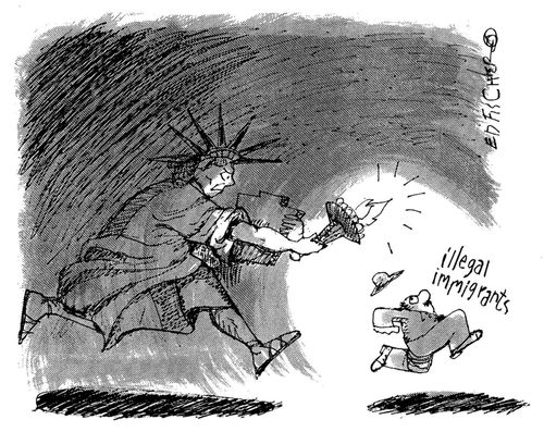 Lady Liberty chases illegal immigrants.