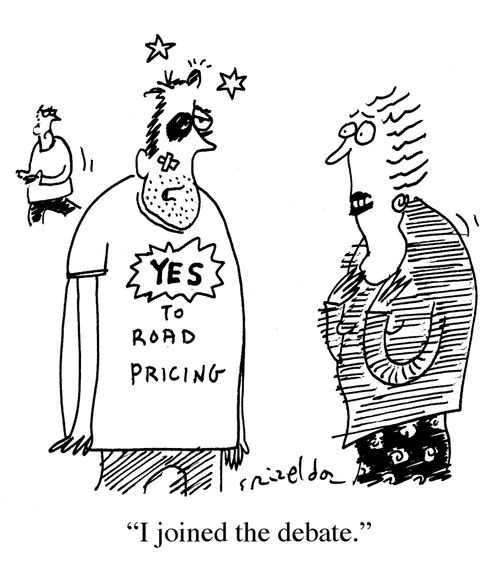 Man with black eye in Yes To Road Pricing t-shirt: 'I joined the debate'.