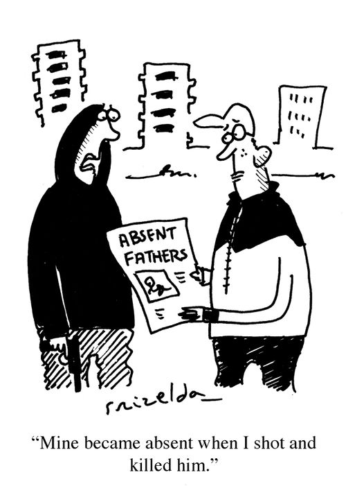 Two youths with newspaper reading 'Absent Fathers' - 'Mine became absent when I shot and killed him.'