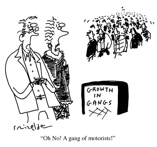 'Growth in Gangs' news sign. Large mob in back ground. 'Oh No! A gang of motorists!'