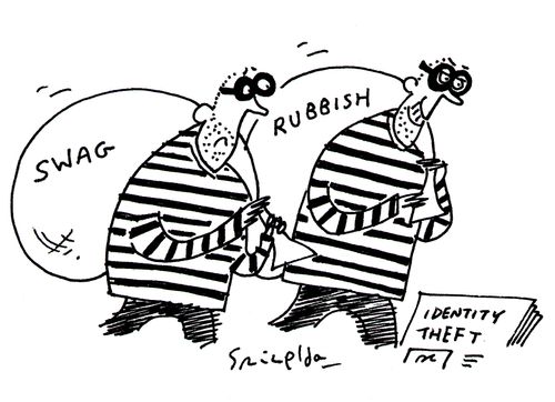 Two identity thieves with bags marked 'Swag' and 'Rubbish'.