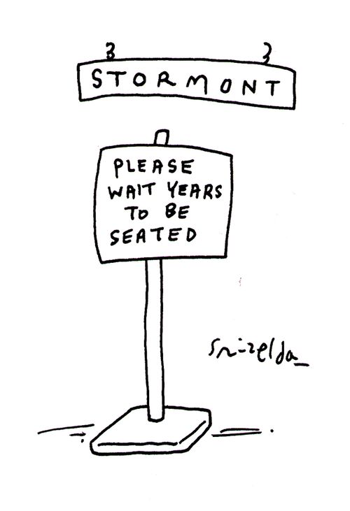 Stormont with sign reading 'Please wait years to be seated.'