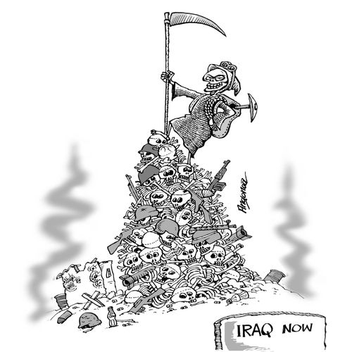 Grim reaper climbing a death mountain in Iraq.