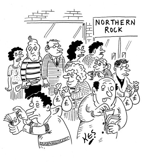 Bank robber looks worried, in Northern Rock bank run.
