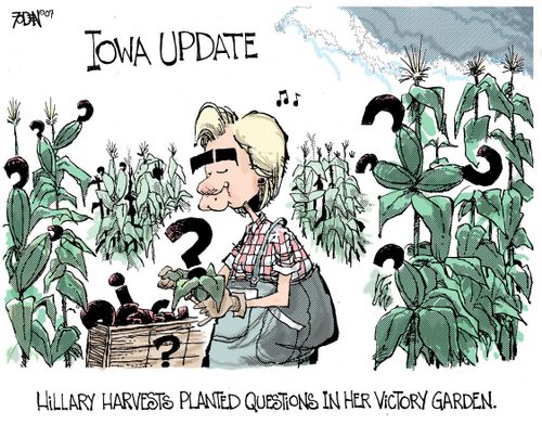 Hillary harvests planted questions in her victory garden.