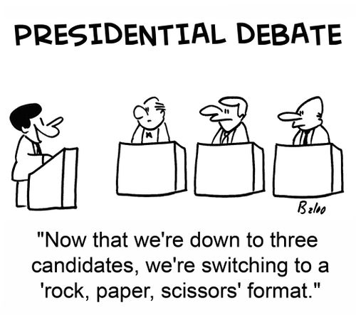 "Now that we're down to three candidates, we're switching to a 'rock, paper, scissors' format."
