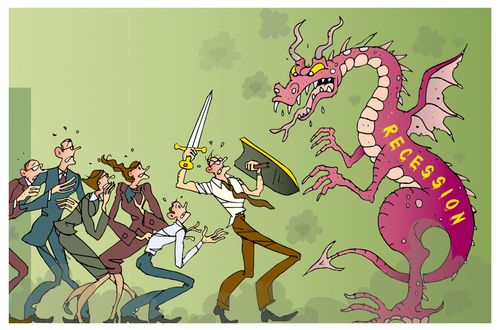 Scared employees and manager fighting recession (dragon).