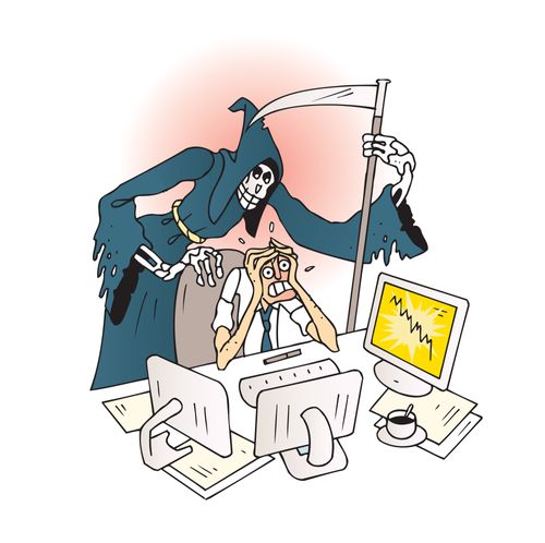 Grim Reaper leaning on scared trader.